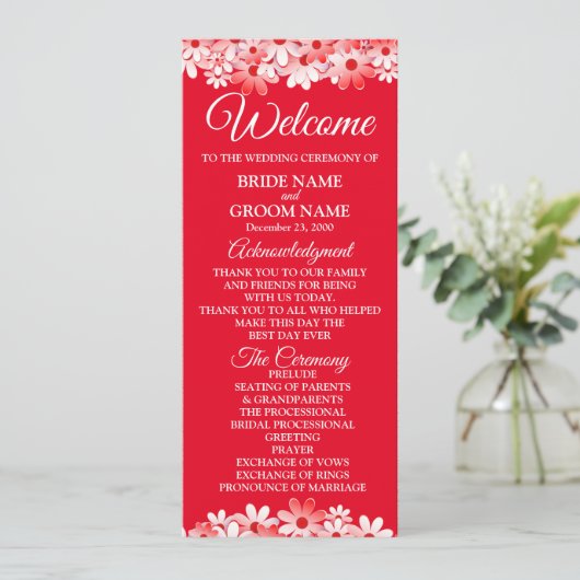 Elegant Red White Floral Wedding Programmakaart (Staand voorkant)
