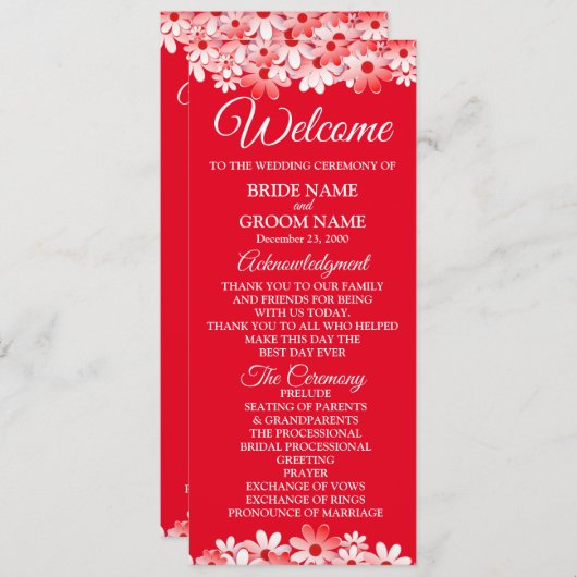 Elegant Red White Floral Wedding Programmakaart (Voorkant / Achterkant)