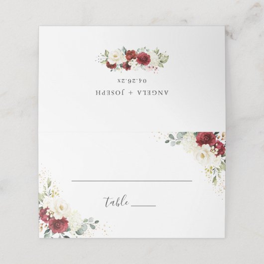 Elegant Red White Floral Wedding Table Plaatskaartje (Buitenkant ongevouwen)