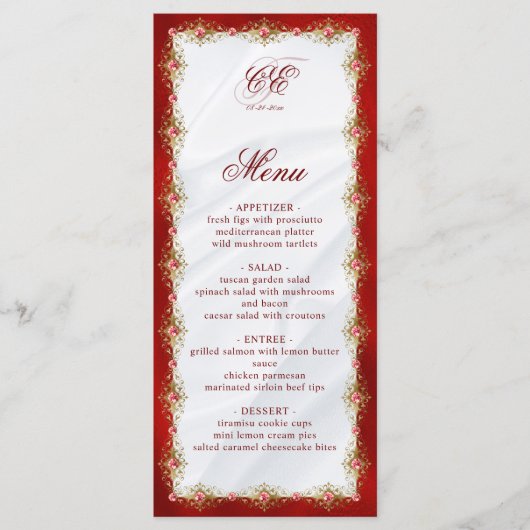 Elegant Red White Gold Monogram Weddenschap Menu (Voorkant)