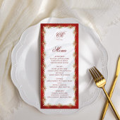 Elegant Red White Gold Monogram Weddenschap Menu
