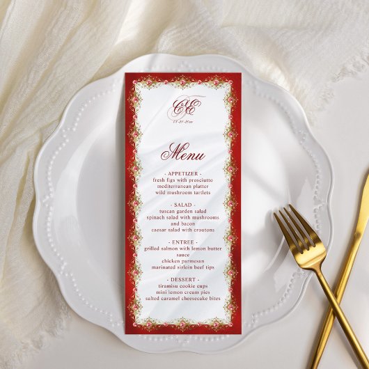 Elegant Red White Gold Monogram Weddenschap Menu