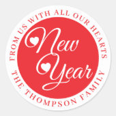 Elegant Red & White “Happy New Year”  Ronde Sticker (Voorkant)
