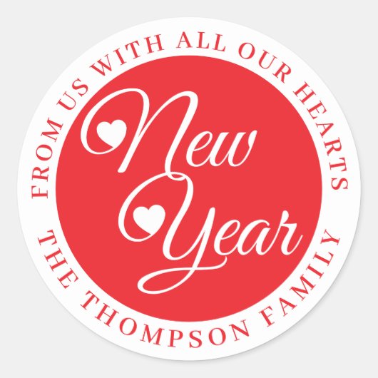 Elegant Red & White “Happy New Year”  Ronde Sticker (Voorkant)