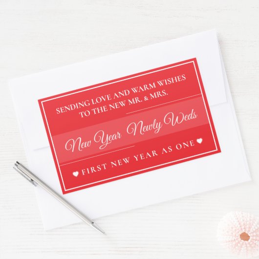  Elegant Red & White “New Year Newlyweds” Rechthoekige Sticker (Envelop)