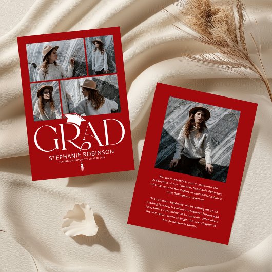 Elegant Red & White Photo Collage Graduation Aankondiging