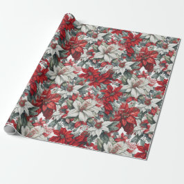 Elegant Red & White Poinsettia Christmas Floral Cadeaupapier