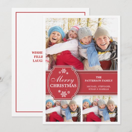 Elegant Red & White Snow 3 Foto Wenskaart Feestdagenkaart (Voorkant / Achterkant)