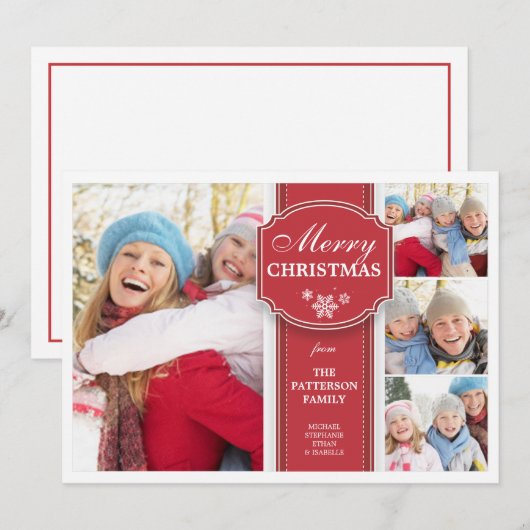 Elegant Red & White Snow 4 Foto Wenskaart Feestdagenkaart (Voorkant / Achterkant)