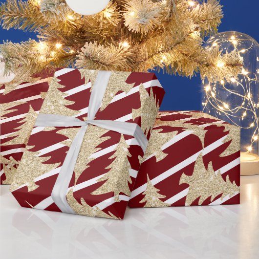 Elegant Red White Stripe Gold-kerstboom  Cadeaupapier (Feestdagen)