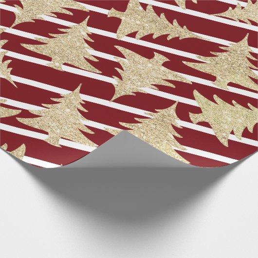 Elegant Red White Stripe Gold-kerstboom Cadeaupapier (Hoek)