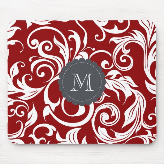 Elegant Red Wine Monogram Floral Wallpaper Muismat (Voorkant)