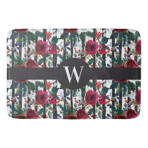Elegant Red Winter Roos Black Stripe Pattern Badmat
