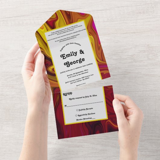 Elegant Red Yellow Abstract Paint Fine Art Weddens All In One Uitnodiging (Afscheurbaar)