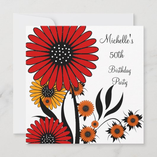 Elegant Red Yellow Floral White 50th Birthday Kaart (Voorkant)