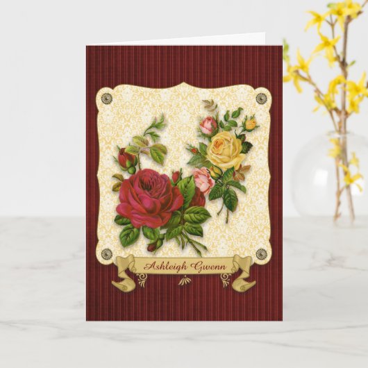 Elegant Red Yellow Roses Damask  Cutouts Kaart (Gele Bloem)