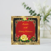 Elegant Red Yellow Roses Gold Birthday Party Kaart (Staand voorkant)