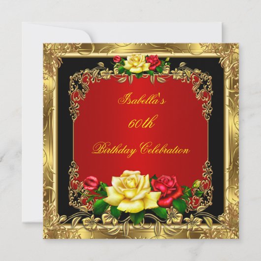 Elegant Red Yellow Roses Gold Birthday Party Kaart (Voorkant)