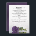 Elegant reflecterend Amethyst Paars Roos Wedding Menu<br><div class="desc">Dit prachtige trouwmenu bevat een eenvoudig maar elegant ontwerp met een scriptkalligrafie en een enkel paars roos met lange steentjes dat aan zijn kant in een pool van water staat te staan.</div>