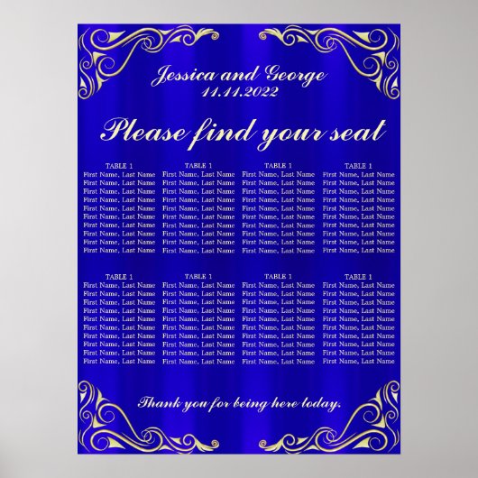 Elegant Regal Golden Typography Seat Chart Poster (Voorkant)