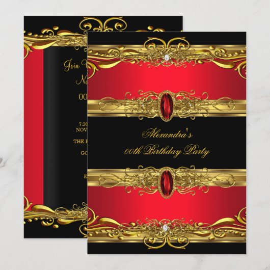 Elegant Regal Red Black Gold Birthday Party Kaart (Voorkant / Achterkant)