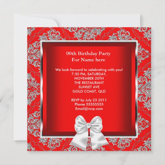 Elegant Regal Red Damask Silver Birthday Party Kaart (Achterkant)