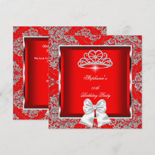 Elegant Regal Red Damask Silver Birthday Party Kaart