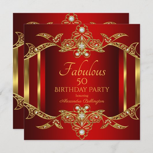 Elegant Regal Red Gold Birthday Party Uitnodiging (Voorkant / Achterkant)