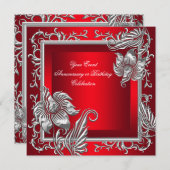 Elegant Regal Red Silver Floral Party Kaart (Voorkant / Achterkant)