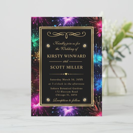 Elegant Regenboog Vuurwerk Goud Lijst Bruiloft Kaart (Staand voorkant)