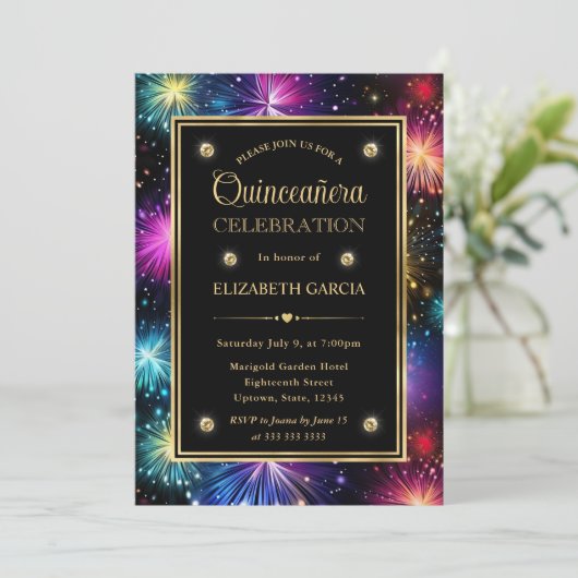Elegant Regenboog Vuurwerk Lijst Quinceanera Kaart (Staand voorkant)