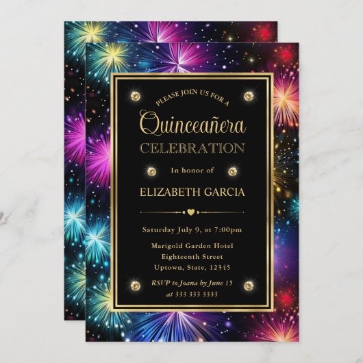 Elegant Regenboog Vuurwerk Lijst Quinceanera Kaart (Voorkant / Achterkant)