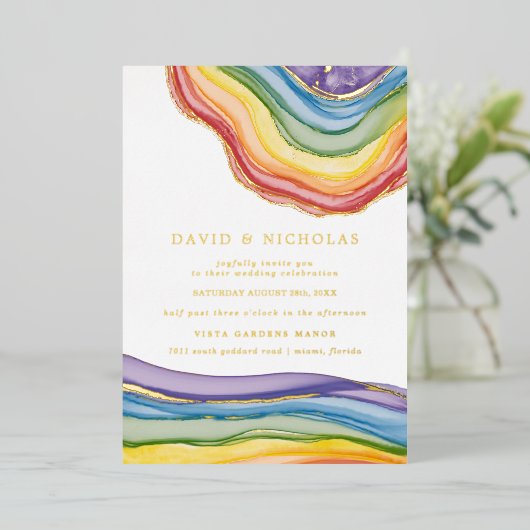 Elegant regenbooggeode | Echte bruiloft Folie Uitnodiging (Staand Voorkant)