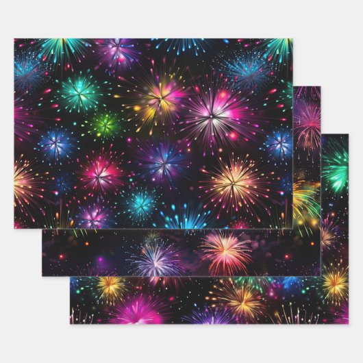 Elegant regenboogvuurwerk op zwarte achtergrond inpakpapier vel (Set)