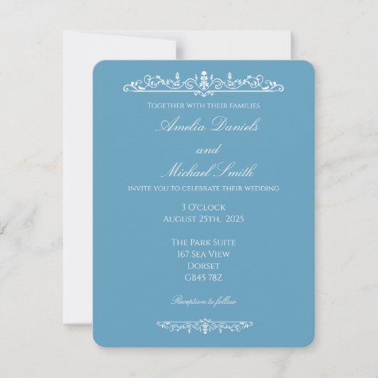 Elegant Regency Blue Vintage Wedding Invitation Kaart (Voorkant)