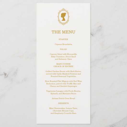 Elegant Regency Era Blue and Gold Bridal Shower Menu (Voorkant)