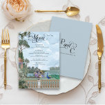 Elegant Regency Era Peacock  Tuin Bruiloft Menu<br><div class="desc">Deze elegante Regency Era Engelse tuin Bridgerton esthetische 5x7" bruiloft diner menu beschikt over een zacht stoffige blauw, groen, en paarse wisteria waterverf bloemen en botanische scène, met kalligrafie script "Menu" en menu details op de voorkant, met initialen monogram en bruiloft datum op de achterkant over een zacht stoffige blauwe...</div>