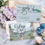 Elegant Regency Era Peacock  Tuin Bruiloft RSVP Kaartje<br><div class="desc">Deze elegante Regency Era Engelse tuin Bridgerton esthetische bruiloft uitnodiging RSVP kaart heeft een zacht stoffig blauw, tinten van salie groen, en paarse wisteria waterverf bloemenscène en botanische scène, met "Rsvp" wervelkalligrafie script op de voorkant, en "Reply" in wervelkalligrafie script en rsvp details over stoffige blauwe achtergrond met een statige...</div>