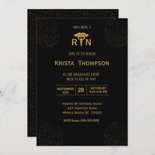 Elegant Registered Nurse Afstuderen Black Gold Inv Kaart (Voorkant / Achterkant)