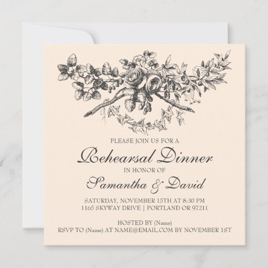 Elegant Rehearsal Dinner Floral Black Kaart (Voorkant)
