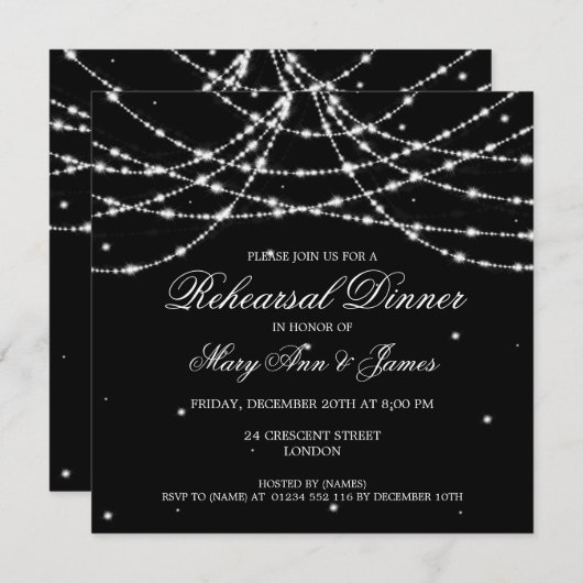 Elegant Rehearsal Dinner Sparking String Black Kaart (Voorkant / Achterkant)