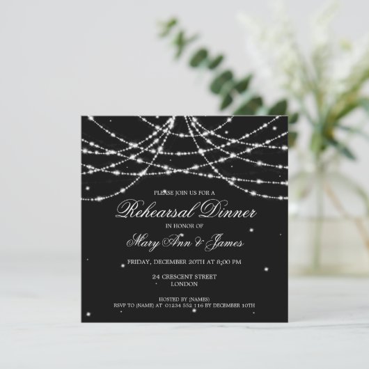 Elegant Rehearsal Dinner Sparking String Black Kaart (Staand voorkant)