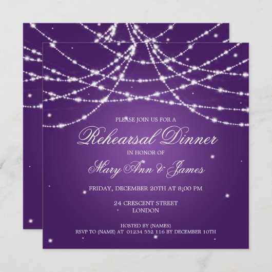 Elegant Rehearsal Dinner Sparking String Paars Kaart (Voorkant / Achterkant)