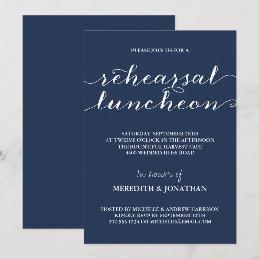 Elegant Rehearsal Luncheon, Navy Blue en White Kaart (Voorkant / Achterkant)