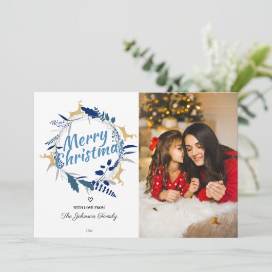 Elegant Reindeer Floral met kerstmis Wreatfoto Hol Feestdagenkaart (Staand voorkant)