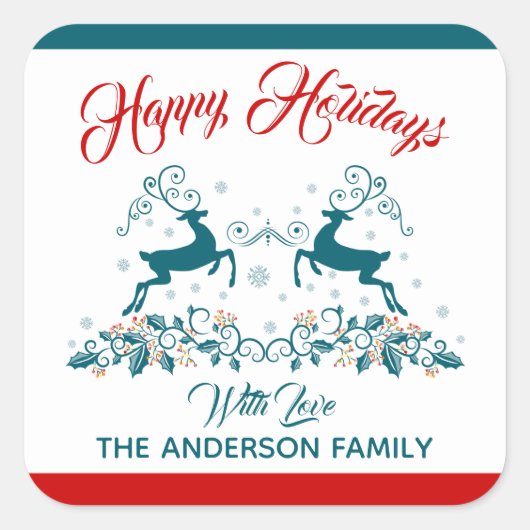 Elegant Reindeer & Holly kerstlabel Vierkante Sticker (Voorkant)