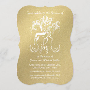 Elegant Reindeer Joy Holiday Party Faux-Gold Kaart