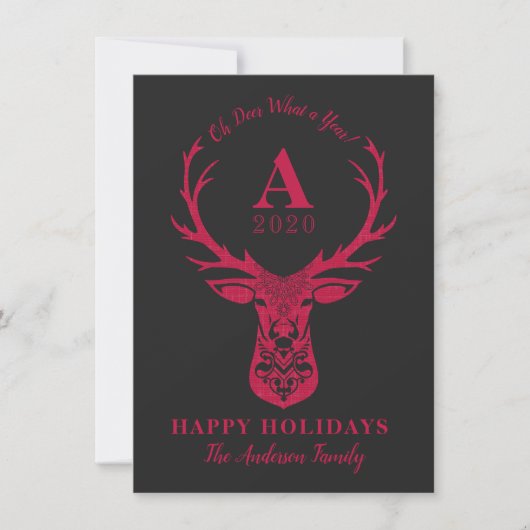 Elegant Reindeer Oh Deer Monogram Holiday Feestdagenkaart (Voorkant)