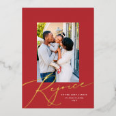 Elegant Rejoice Religieuze kerstfoto Gold Folie Feestdagenkaart (Voorkant)