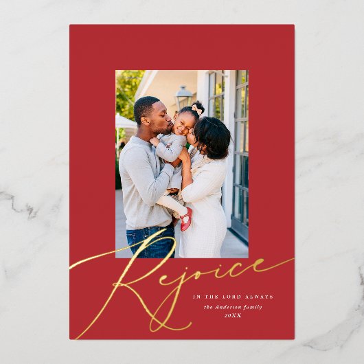 Elegant Rejoice Religieuze kerstfoto Gold Folie Feestdagenkaart (Voorkant)